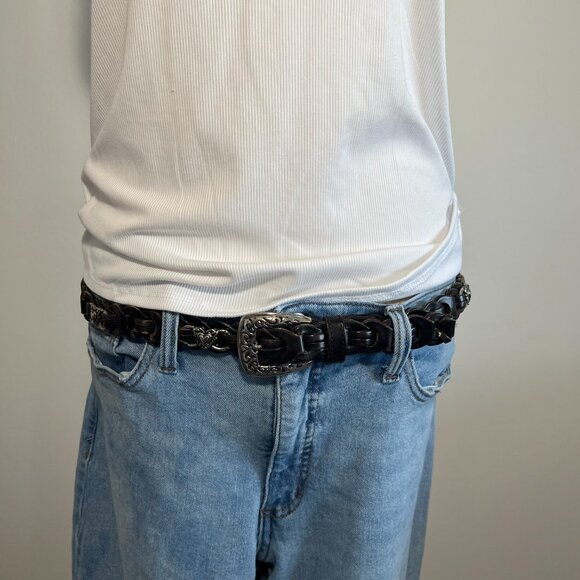 Woven Leather Belt with Brass buckle and hearts going around belt silver look main image 9